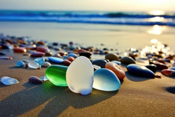 Deurstickers reflective sea glass, pebbles, seashells on a wet sand © Alfazet Chronicles