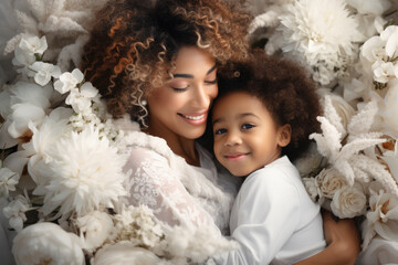 Woman gently holding child in bed of colorful flowers. Bond between mother and child. Ideal for use in family-related articles, parenting blogs, or advertisements promoting love and care. - obrazy, fototapety, plakaty