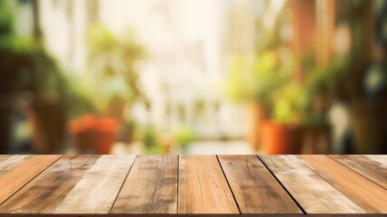 The empty wooden plank table with unfocused background. Exuberant image.