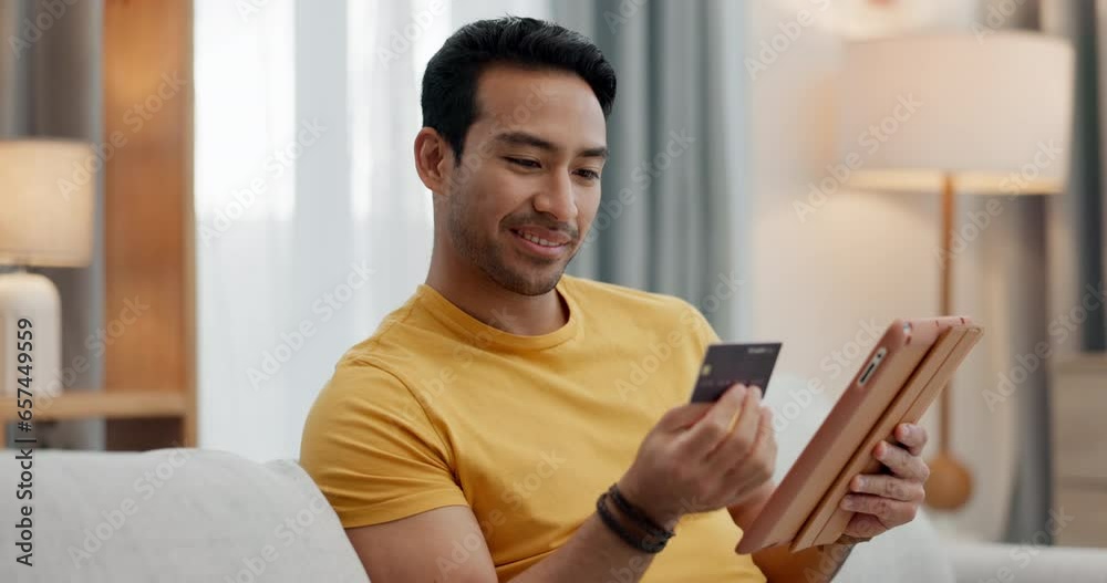 Poster credit card, tablet and man doing ecommerce purchase from couch in a home online and with internet t