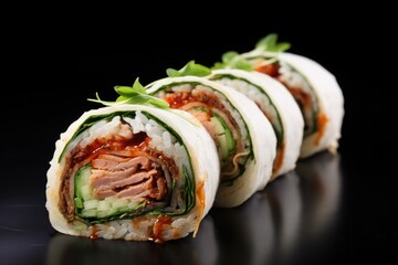 a peking duck roll garnished with green onions
