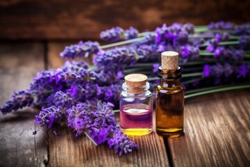 essential oils with lavender flowers on a wooden table