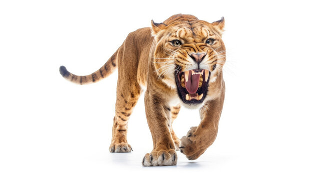 a Sabertooth tiger smilodon on a white background. Generative Ai