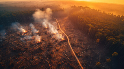 Aerial view of deforestation environmental problem. Generative Ai