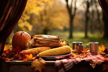 a roasted corn-on-the-cob served on an open-air autumn-themed picnic