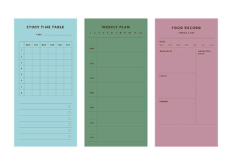 3 set of study time table and food record and weekly plan. Minimalist planner pages templates. Organizer page, diary and daily control book. Life planners, weekly and days organizers or office schedul