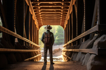 Man wearing cowboy hat standing on bridge. This image can be used to represent cowboy or western theme.