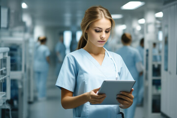 Woman wearing medical scrubs is seen looking at tablet. This image can be used to illustrate healthcare professionals using technology in their work.