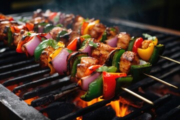 homemade vegan kebabs sizzling on a charcoal rotisserie