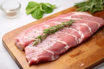 Fototapeta premium raw pork loin topped with fresh herbs before grilling