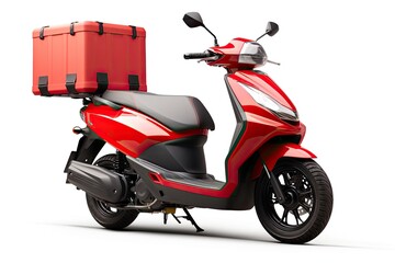 red scooter with a box isolated on white background. motorcycle delivery - Powered by Adobe