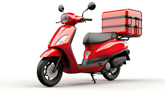 red scooter with a box isolated on white background. motorcycle delivery
