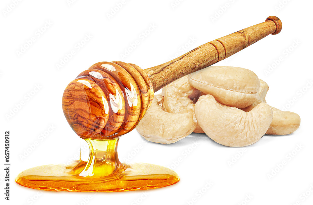 Wall mural dripping honey and cashew nuts isolated on white background - Wall murals