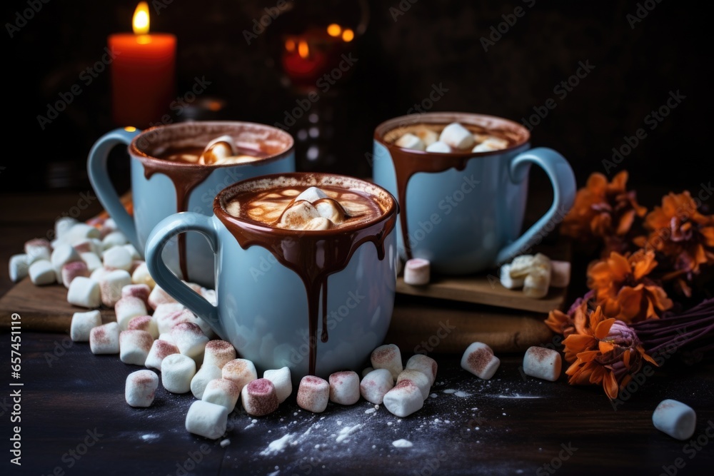 Canvas Prints ceramic mugs with hot chocolate and marshmallows