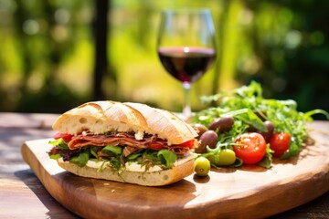 a mediterranean style sandwich on a wooden picnic table