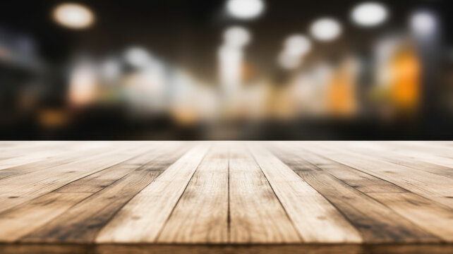 The empty wooden table top with blur background of an office and city. Exuberant image.