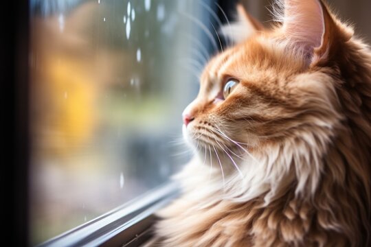 a photograph of a therapy cat looking through a window