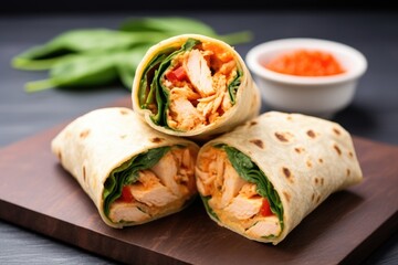 spicy chicken wrap with sriracha mayo on a glass plate
