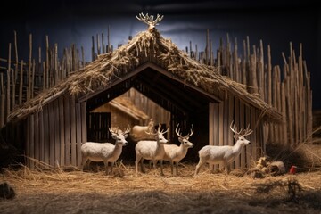 micro model of reindeer barn with hay and antlers