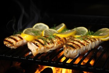 barbecuing fish fillets with lemon slices