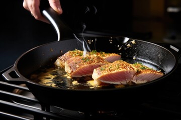 hand using a spatula to flip a seared tuna steak on a non-stick skillet