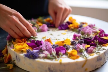 pressing edible flowers onto the top of a raw vegan cake for decoration - obrazy, fototapety, plakaty