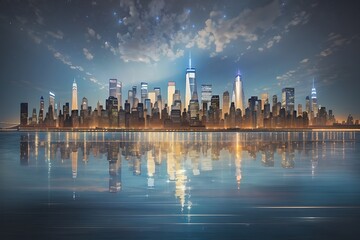 A dreamy, impressionistic depiction of the iconic New York City skyline, with the twinkling lights of the city reflected in the calm waters of the Hudson River - obrazy, fototapety, plakaty