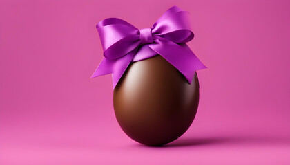 A tasty chocolate egg with purple bow on pink background.