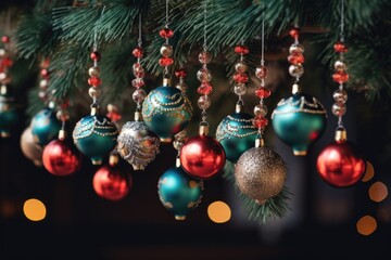 detailed view of a ornaments hanging from christmas tree branches