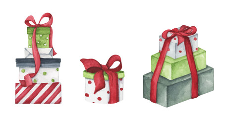 Christmas gift boxes with bows, Present box set. For design, print or background. Watercolor illustration.