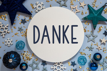 Text Danke, Means Thank You, Blue Christmas Decoration, Flatlay