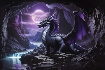 highly detais dragon in the big cave, formidable Kylemore Abbey, dark cave,