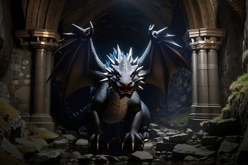 highly detais dragon in the big cave, formidable Kylemore Abbey, dark cave