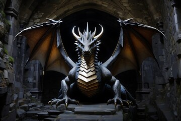 highly detais dragon in the big cave, formidable Kylemore Abbey, dark cave - obrazy, fototapety, plakaty