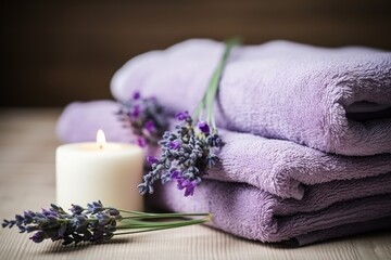 Obraz na płótnie Canvas a set of spa towels with a lavender aroma candle