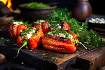 charred smoked stuffed peppers on a rustic stone slab