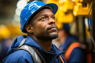 Introspective young factory worker focused on assembly line machinery.