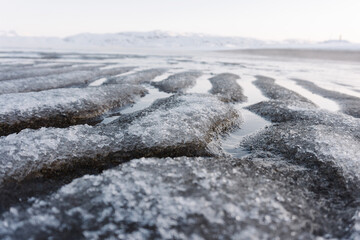 low tide of the sea in the far North in winter during frost. when the bottom freezes and is covered with ice