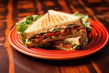 sandwich with bacon, tomato and lettuce on a red plate