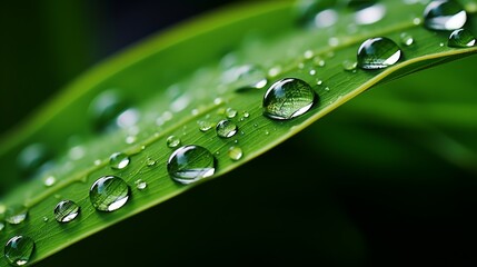 Fresh green leaves with dewdrops, capture nature's purity and freshness. Dew drops on leaves, macro background with water drops on leaf.