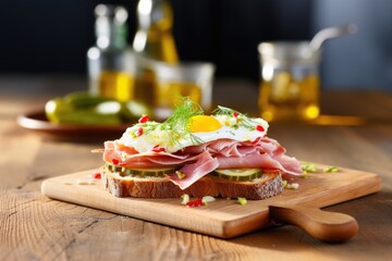 open-faced sandwich with pickles and ham on wooden table - obrazy, fototapety, plakaty