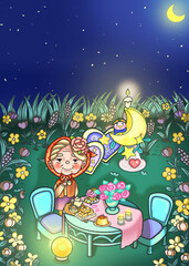 Night scene with the old lady drinking tea and looking at the stars