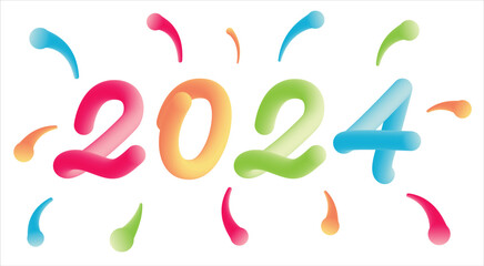 Colorful 3D Happy New Year 2024 typography, with 3D color gradations like balloons. And handwriting style.