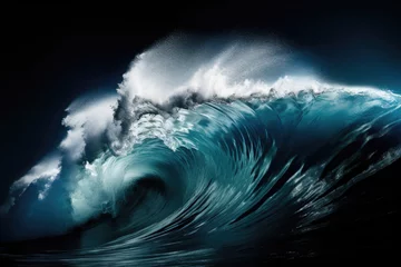 Poster Im Rahmen Large blue wave splashing and forming beautiful wave tunnel © Maris