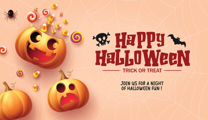 Happy halloween text vector design. Halloween trick or treat invitation card with basket pumpkins and candies elements decoration in spider web background. Vector illustration kids party invitation 