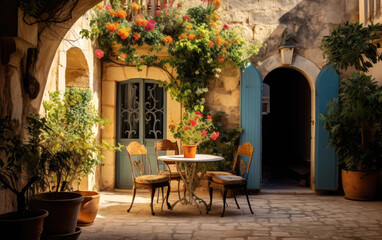 Fototapeta na wymiar Courtyard with table, chairs, plants and an exterior door. Generative AI