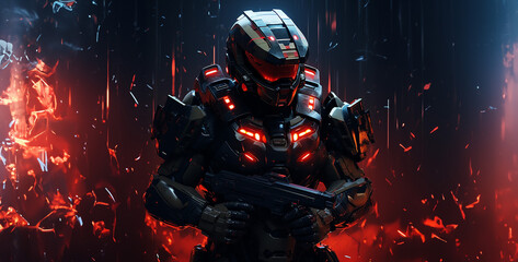 soldier with a gun, person with a gun, a robot warrior a futuristic master chief with dark black armor
