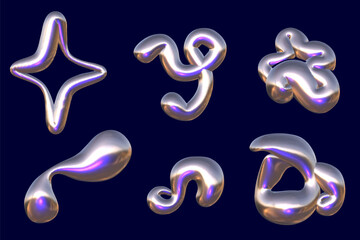 Set y2k chrome 3D objects. Trendy liquid metal elements. Purple glossy abstract shape. 3D render vector illustration.