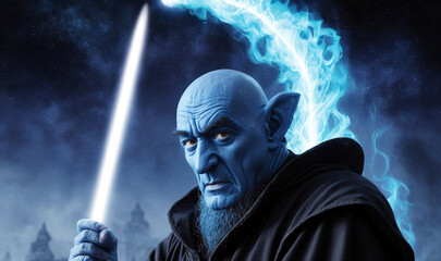 fantasy blue skinned wizard with brown hat and cloths, generative AI