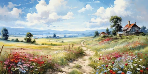 Zelfklevend Fotobehang painting of countryside, generative AI © VALUEINVESTOR